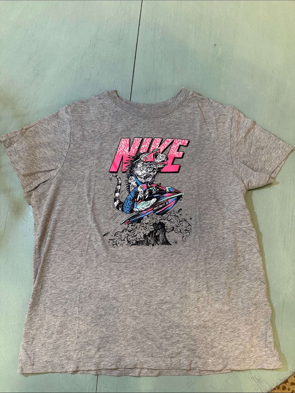 Nike Heather Gray Tee with Pink and Blue Surf Cat Graphic